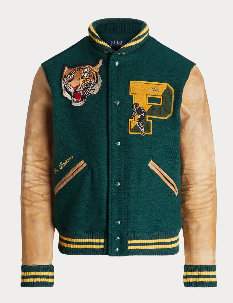 Polo Ralph Lauren Mens Tiger Leather Wool Leather Letterman Varsity Jacket