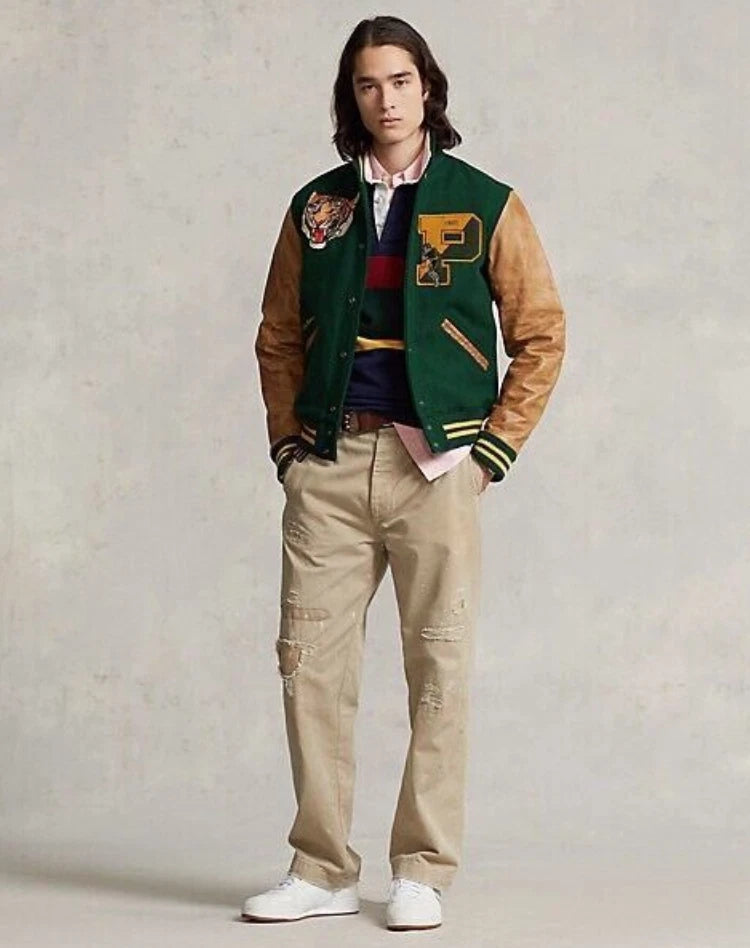 Polo Ralph Lauren Mens Tiger Leather Wool Leather Letterman Varsity Jacket