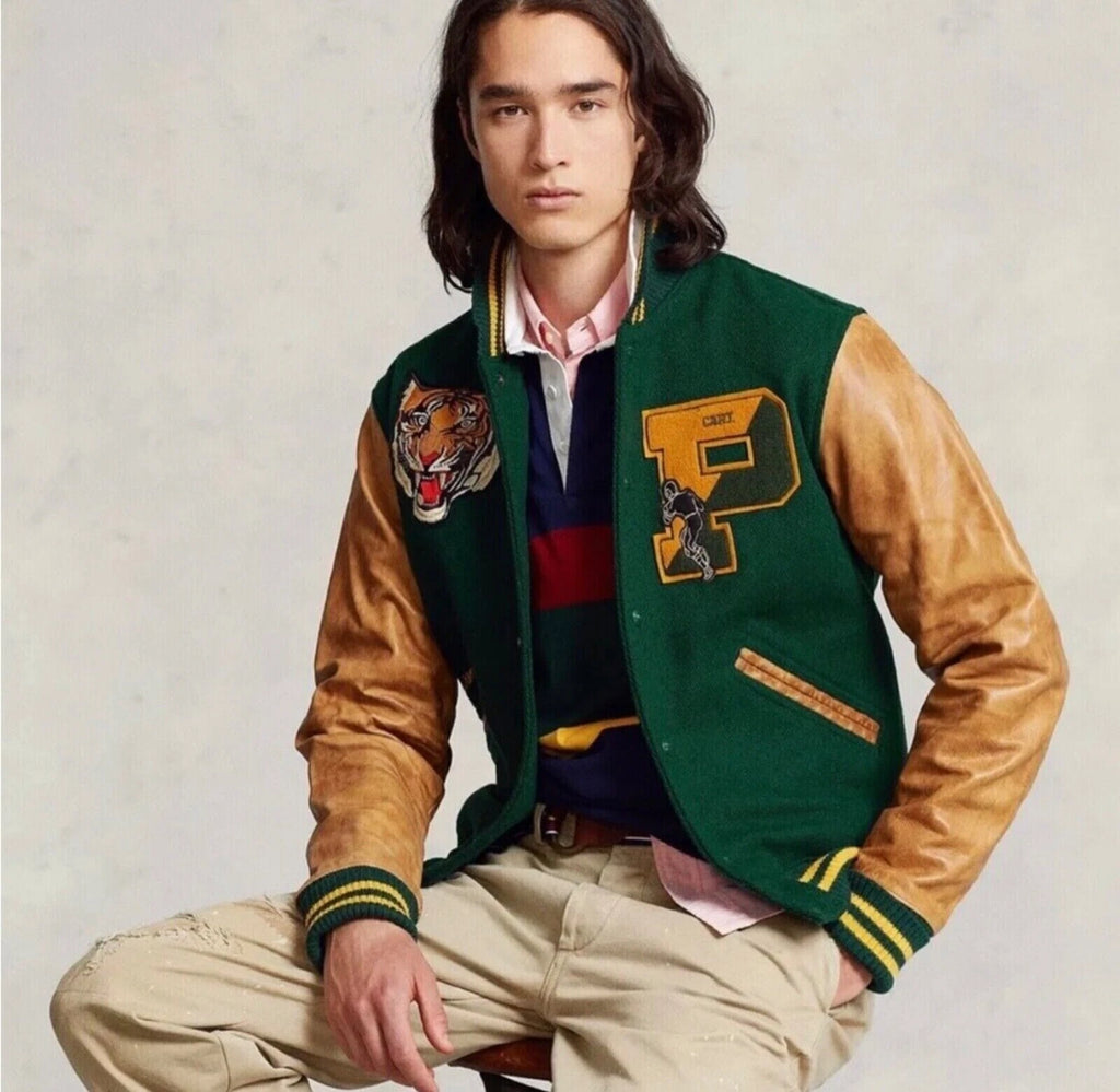 Polo Ralph Lauren Mens Tiger Leather Wool Leather Letterman Varsity Jacket