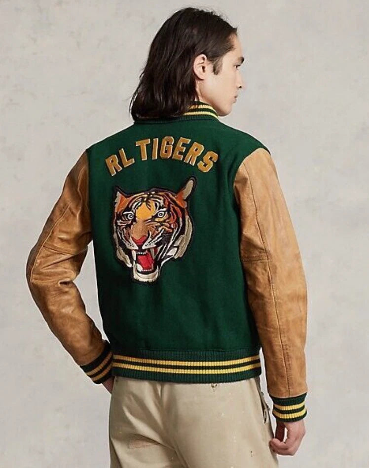 Polo Ralph Lauren Mens Tiger Leather Wool Leather Letterman Varsity Jacket